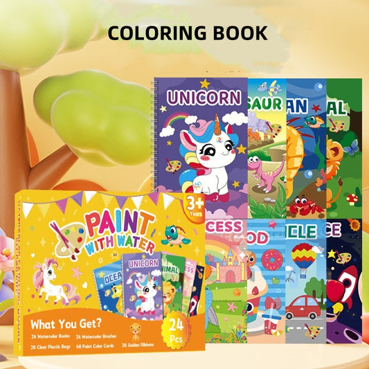 Magic Water Painting Book, Reusable Watercolor Coloring Book for Kids, Animal Designs with Paints