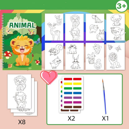 Magic Water Painting Book, Reusable Watercolor Coloring Book for Kids, Animal Designs with Paints