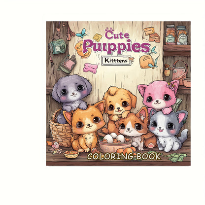 Cute Puppies and Kittens Coloring Book, Adult Colouring Book for Stress Relief, Drawing Supplies, Christmas Gift Idea