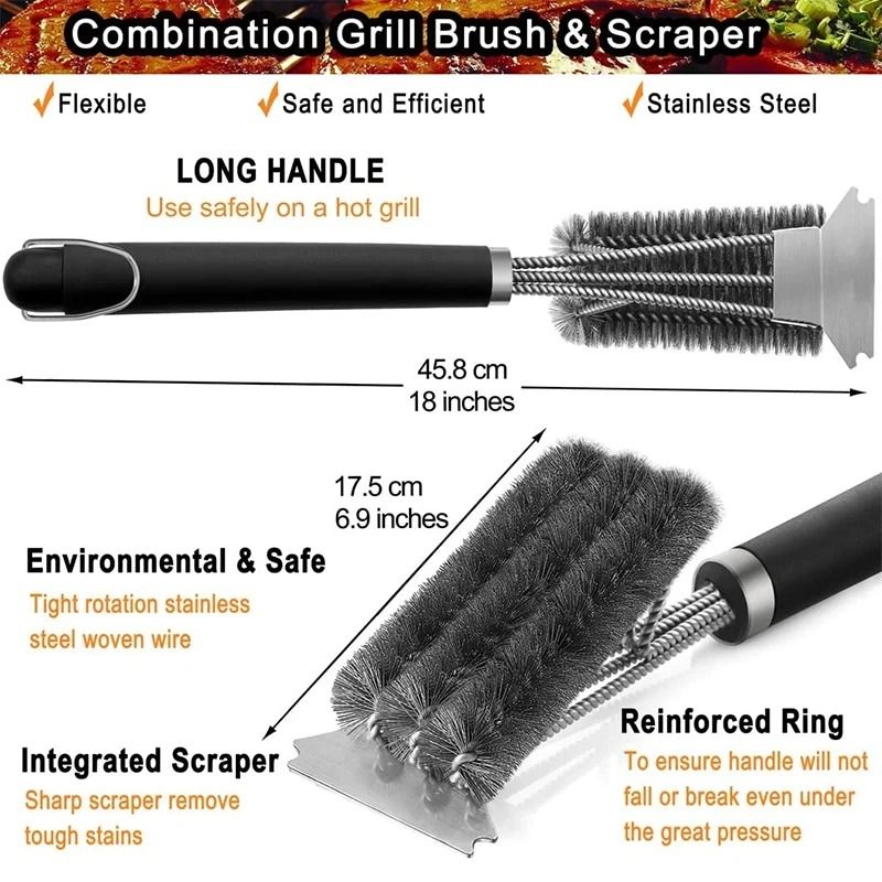 Safe Grill Brush and Scraper with Deluxe Handle Stainless Steel Bristles