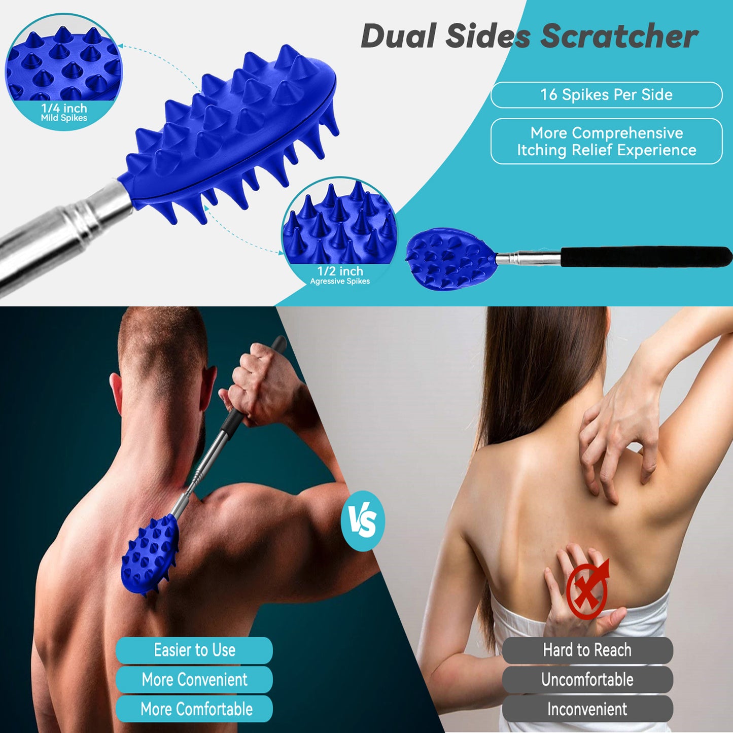 Deep Back Scratcher for Men and Women, Extendable Back Cracker with Dual Scratch Surfaces, Back and Body Massager Stick