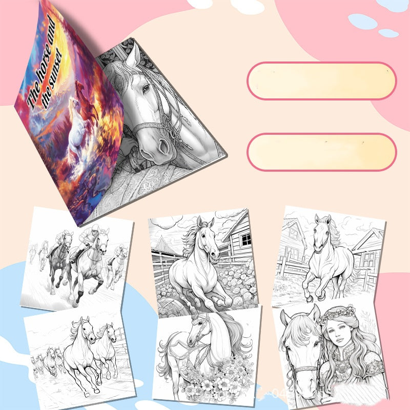 Art Therapy Coloring Book, Hand Painted Magical World of Horses, 20 Pages for Soothing Stress, Graffiti Drawing