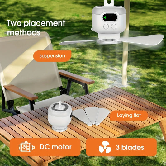 Portable Ceiling Fan 8000mAh Rechargeable Camping Fan with LED Light and Remote Control