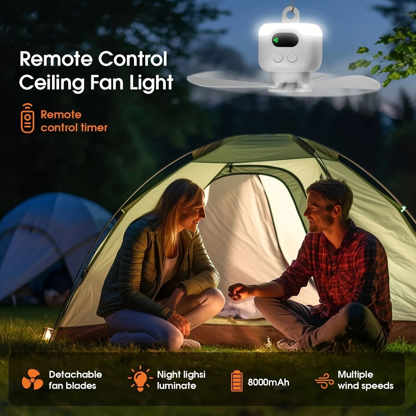Portable Ceiling Fan 8000mAh Rechargeable Camping Fan with LED Light and Remote Control