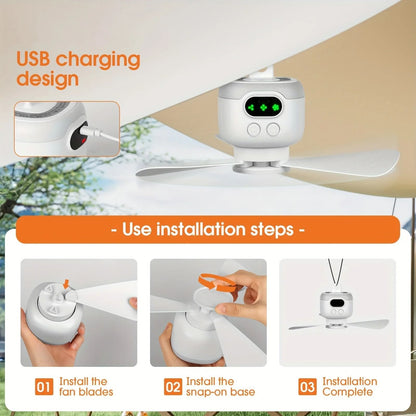 Portable Ceiling Fan 8000mAh Rechargeable Camping Fan with LED Light and Remote Control