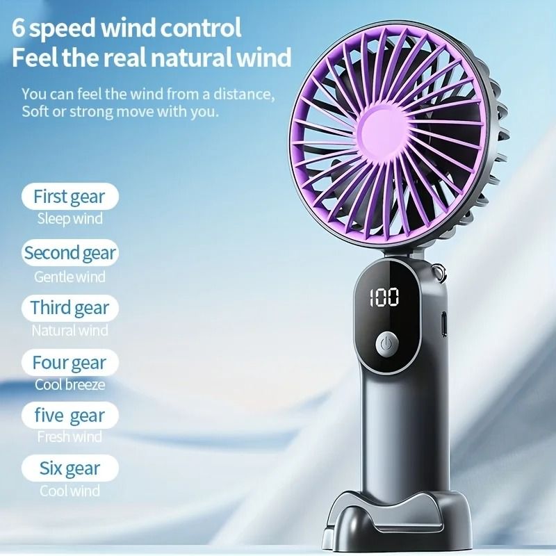 Mini Portable USB Fan 6 Speeds Digital Display Foldable 3 in 1 Handheld Neck Desktop Fan