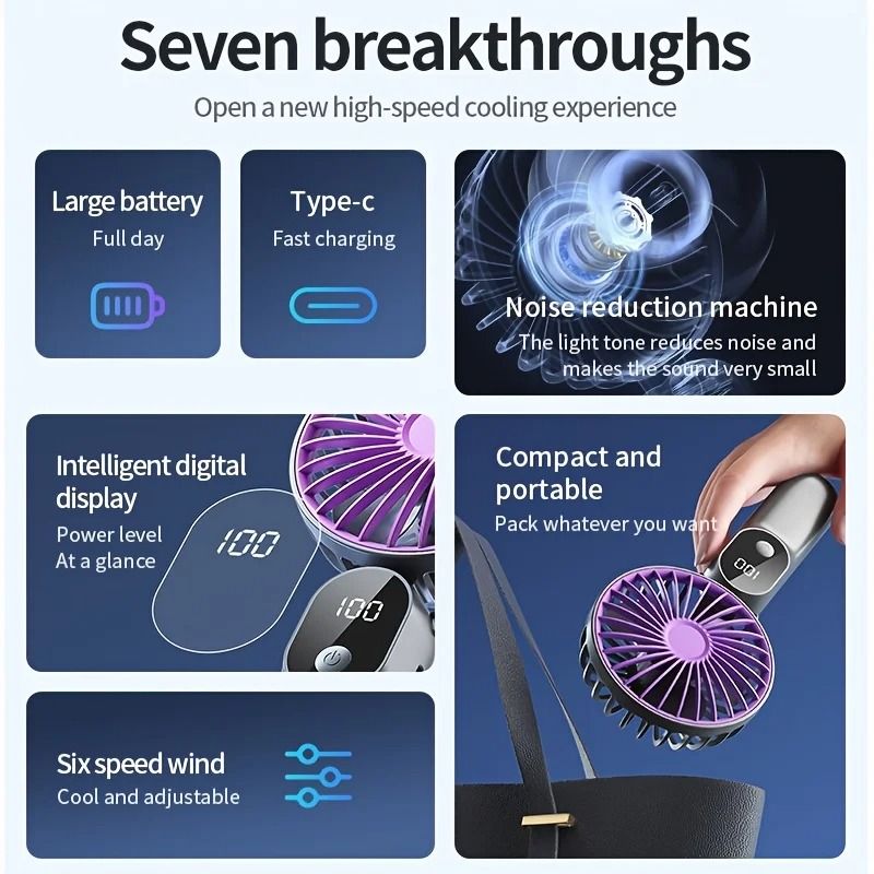 Mini Portable USB Fan 6 Speeds Digital Display Foldable 3 in 1 Handheld Neck Desktop Fan