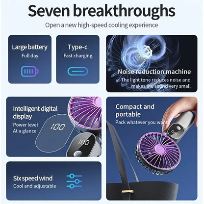 Mini Portable USB Fan 6 Speeds Digital Display Foldable 3 in 1 Handheld Neck Desktop Fan