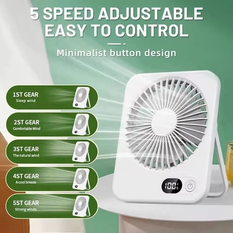 Desk Fan USB Rechargeable 180 Degree Tilt Folding Personal Fan 5 Speeds Digital Display