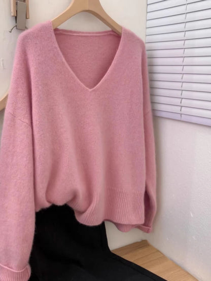 Yangqi Soft Waxy 100% Pure Cashmere V-Neck Sweater – Loose Fit Knit for Autumn & Winter