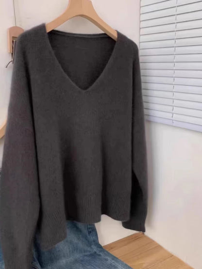 Yangqi Soft Waxy 100% Pure Cashmere V-Neck Sweater – Loose Fit Knit for Autumn & Winter