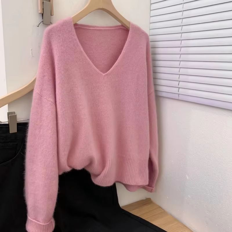 Yangqi Soft Waxy 100% Pure Cashmere V-Neck Sweater – Loose Fit Knit for Autumn & Winter