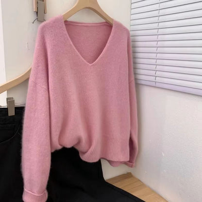 Yangqi Soft Waxy 100% Pure Cashmere V-Neck Sweater – Loose Fit Knit for Autumn & Winter
