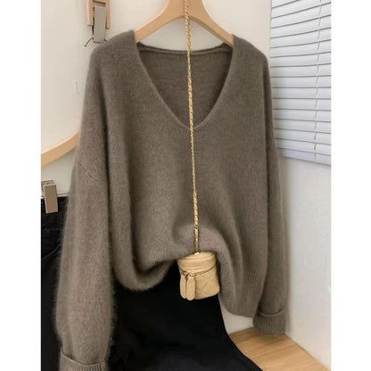 Yangqi Soft Waxy 100% Pure Cashmere V-Neck Sweater – Loose Fit Knit for Autumn & Winter