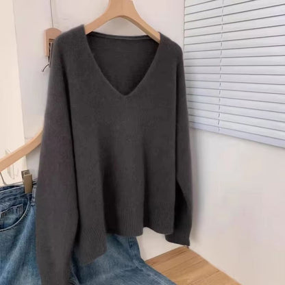 Yangqi Soft Waxy 100% Pure Cashmere V-Neck Sweater – Loose Fit Knit for Autumn & Winter