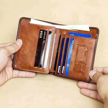 Mens Genuine Leather Wallet, RFID Anti Theft, Large Capacity Trifold, Fashion Card Holder with Photo Position