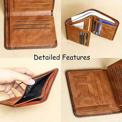 Mens Genuine Leather Wallet, RFID Anti Theft, Large Capacity Trifold, Fashion Card Holder with Photo Position