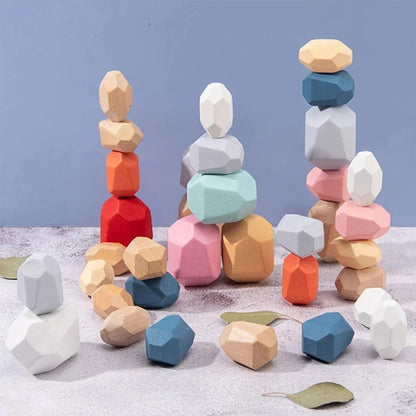 36 Piece Children Wooden Colorful Stone Stacking Building Blocks Balancing Game