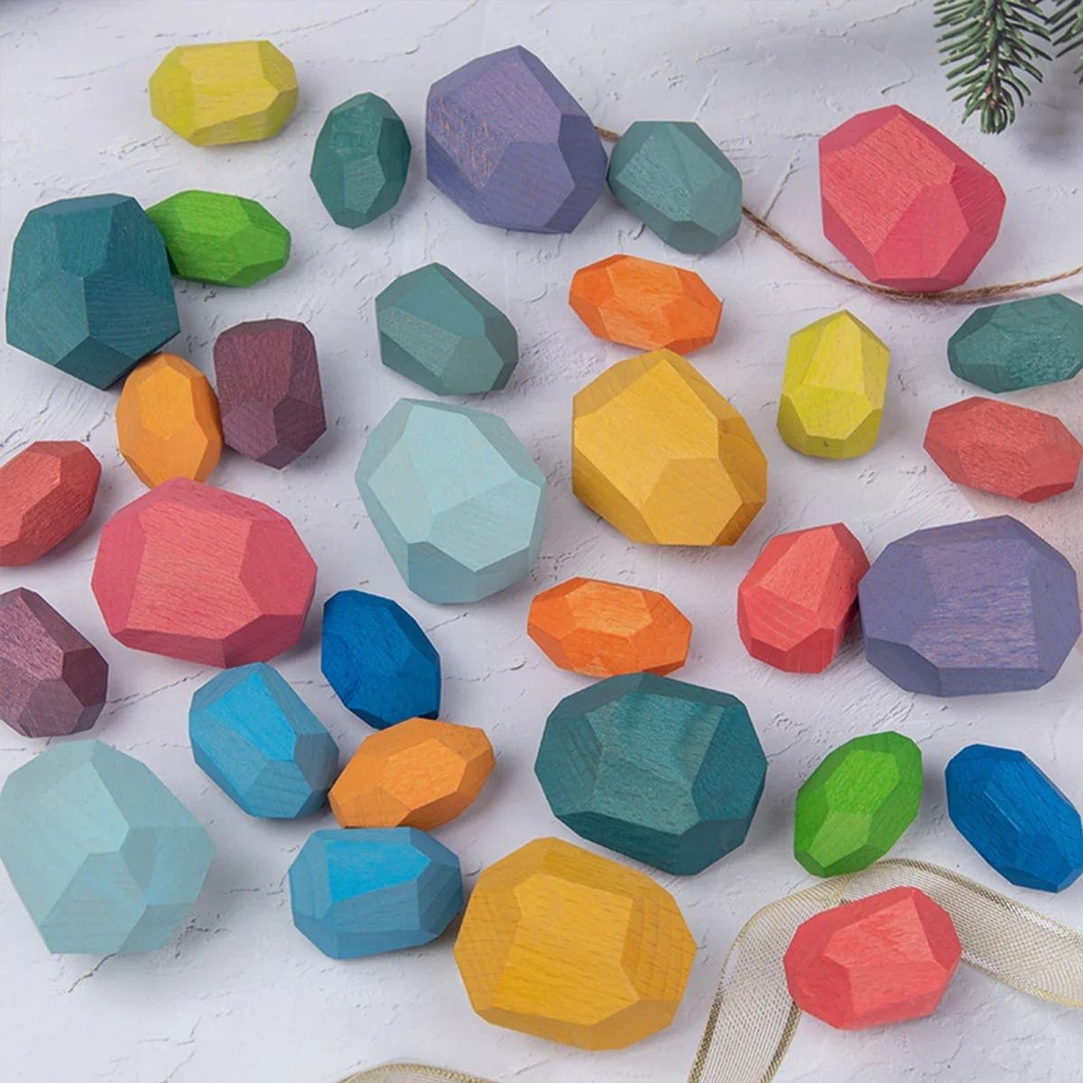 36 Piece Children Wooden Colorful Stone Stacking Building Blocks Balancing Game