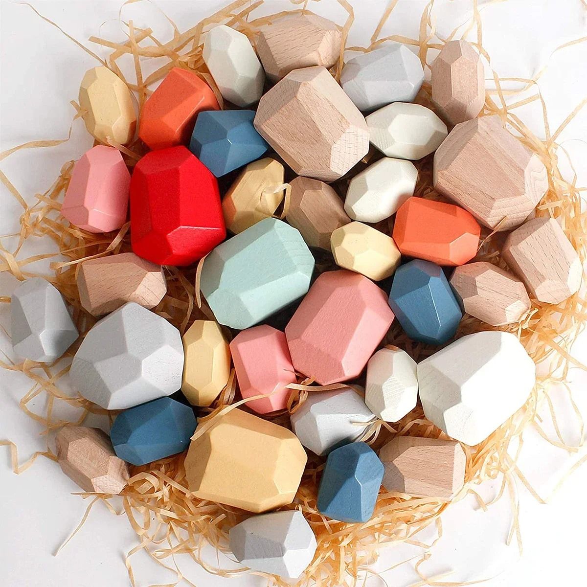 36 Piece Children Wooden Colorful Stone Stacking Building Blocks Balancing Game