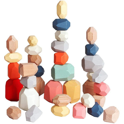 36 Piece Children Wooden Colorful Stone Stacking Building Blocks Balancing Game