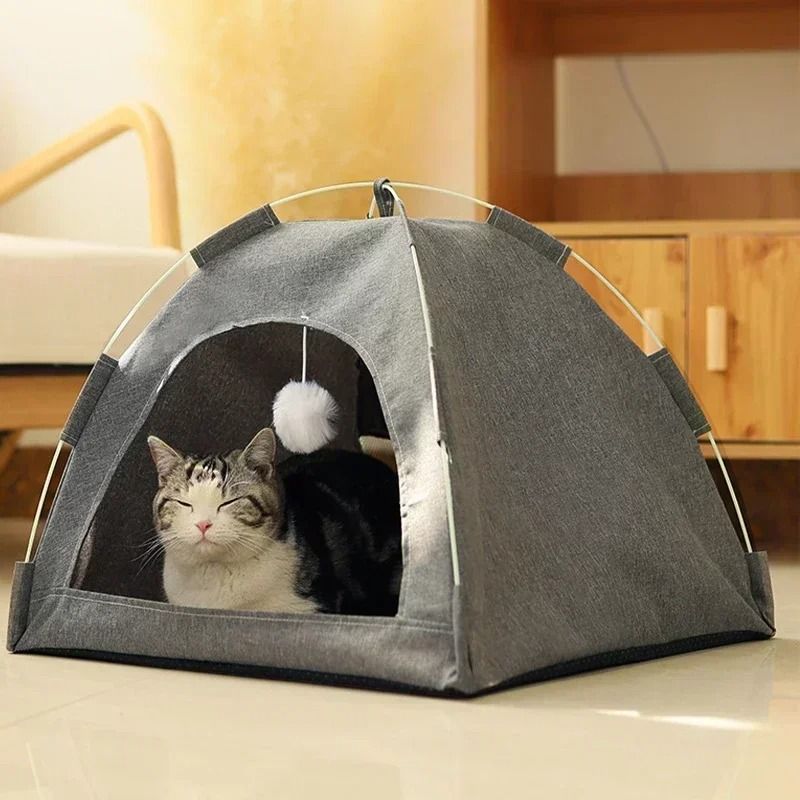 Pet Tent Bed Cat and Dog House Semi-Enclosed Canvas Cave with Removable Cushion for Small to Large Pets