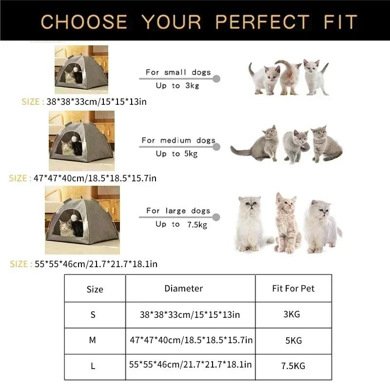 Pet Tent Bed Cat and Dog House Semi-Enclosed Canvas Cave with Removable Cushion for Small to Large Pets