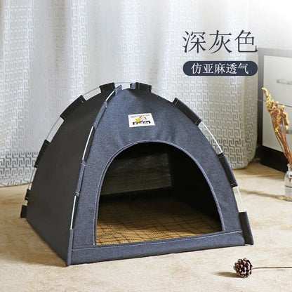 Pet Tent Bed Cat and Dog House Semi-Enclosed Canvas Cave with Removable Cushion for Small to Large Pets