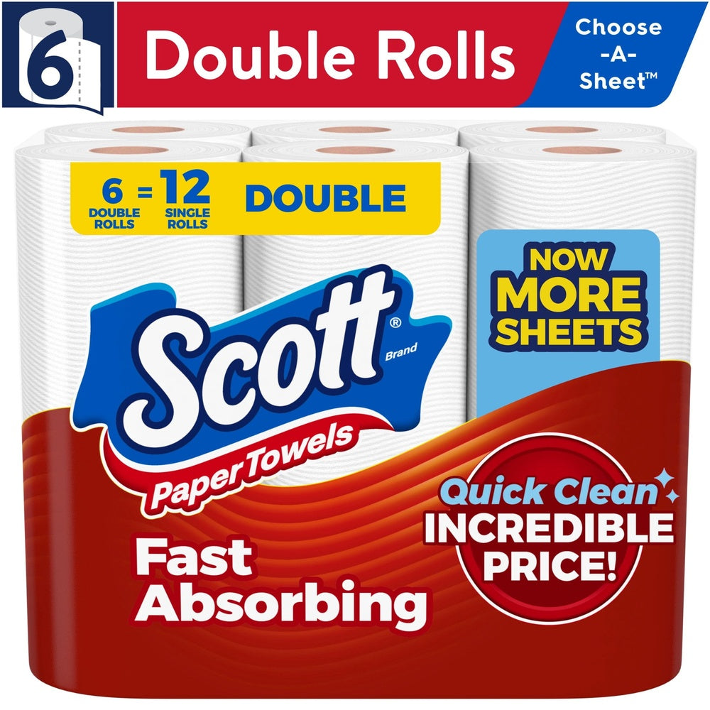 Paper Towels, A-Sheet, 6 Double Rolls, Lint Free and Highly Absorbent for Kitchen Cleaning