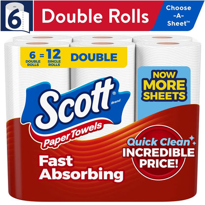 Paper Towels, A-Sheet, 6 Double Rolls, Lint Free and Highly Absorbent for Kitchen Cleaning