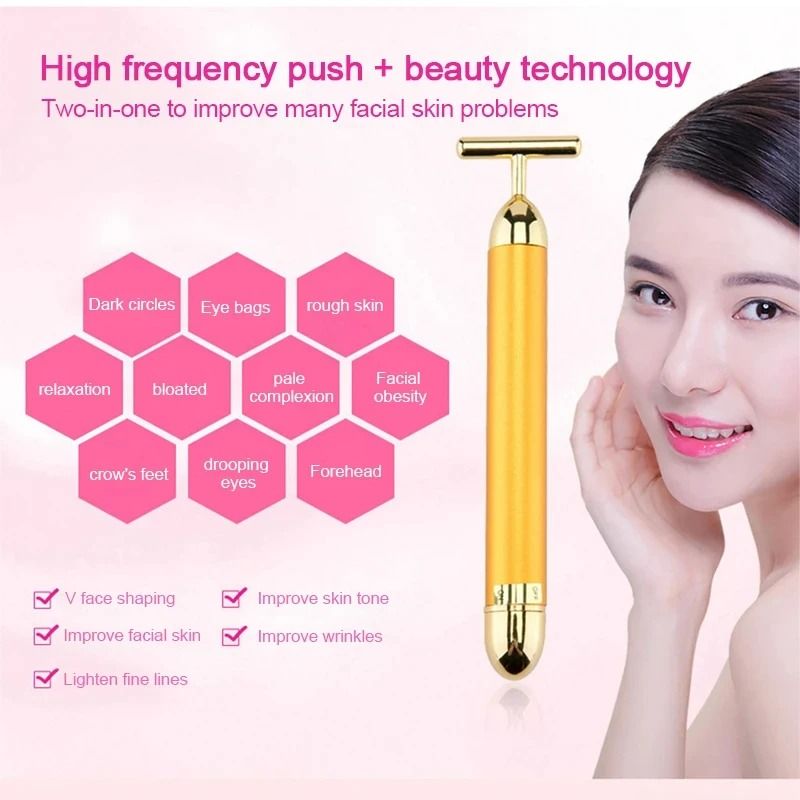 24K Gold Beauty Roller Vibrating Face Massager for Skin Tightening and Lifting