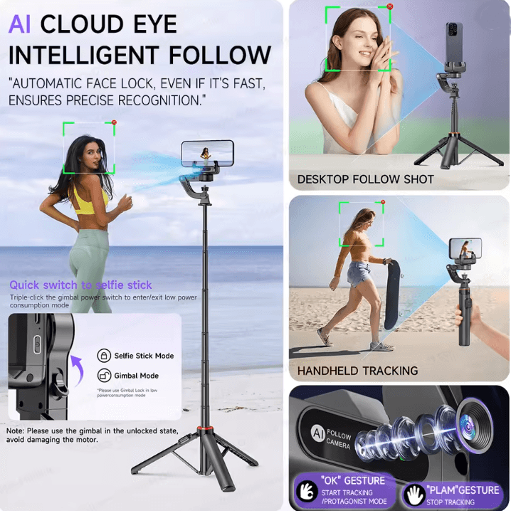 C22 Smart AI Face Tracking Gimbal Stabilizer with Tripod