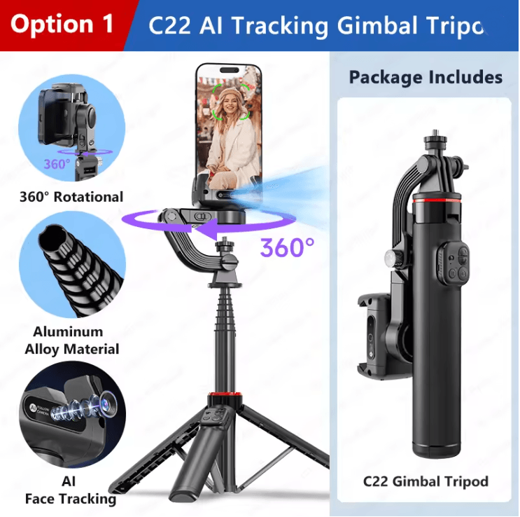 C22 Smart AI Face Tracking Gimbal Stabilizer with Tripod