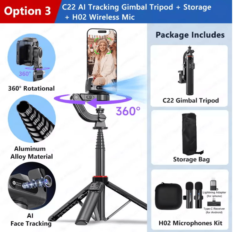 C22 Smart AI Face Tracking Gimbal Stabilizer with Tripod