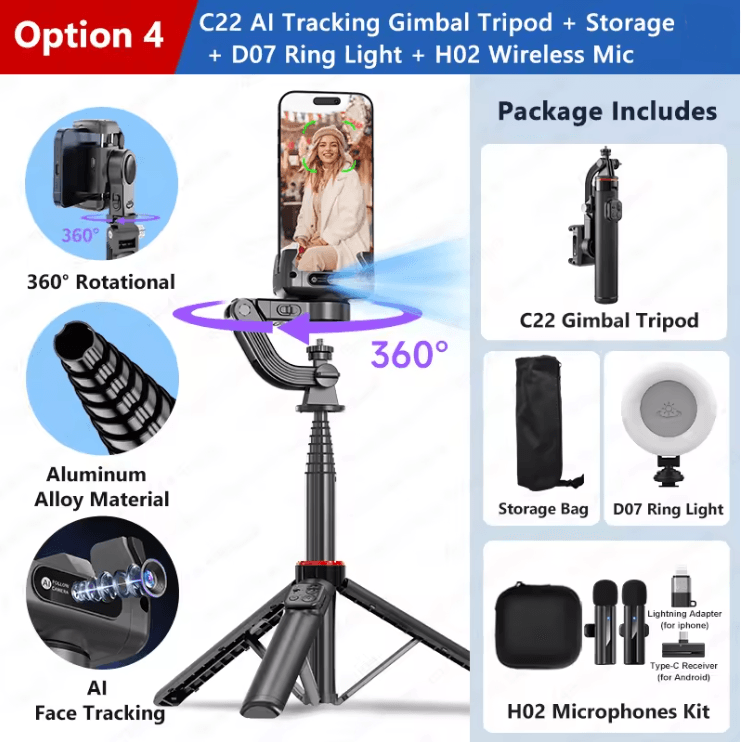 C22 Smart AI Face Tracking Gimbal Stabilizer with Tripod