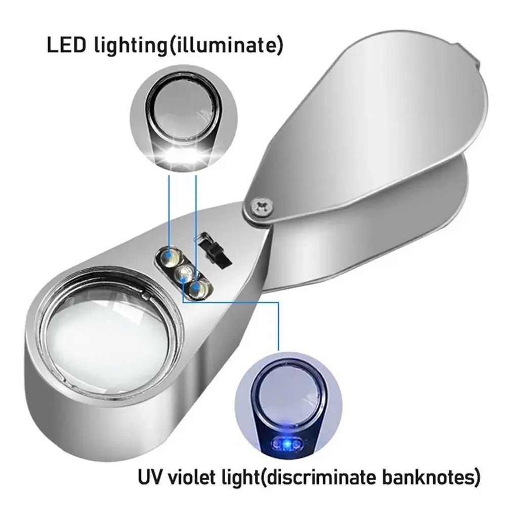 40X Jewelers Loupe Magnifier with LED and UV Light – Metal Folding Magnifying Glass for Coins, Jewelry, and Stamps