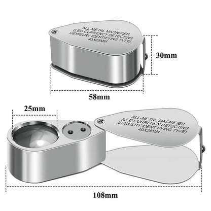 40X Jewelers Loupe Magnifier with LED and UV Light – Metal Folding Magnifying Glass for Coins, Jewelry, and Stamps