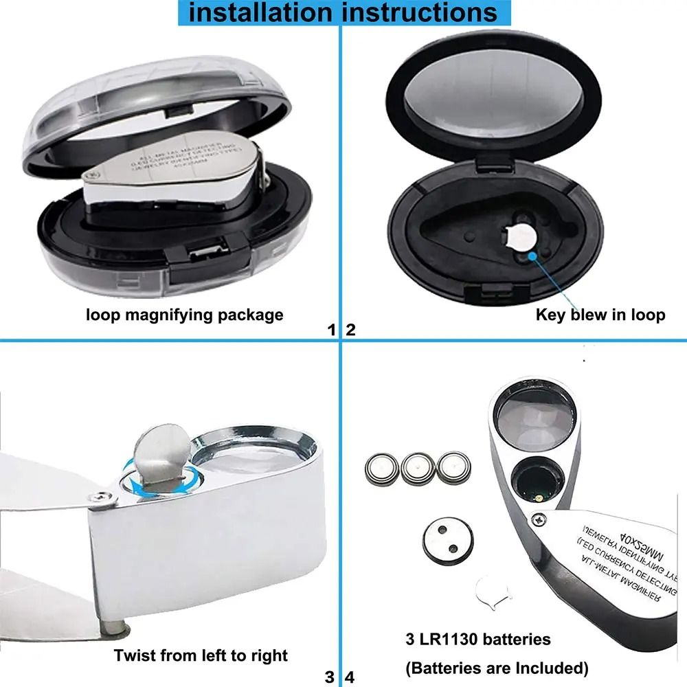 40X Jewelers Loupe Magnifier with LED and UV Light – Metal Folding Magnifying Glass for Coins, Jewelry, and Stamps