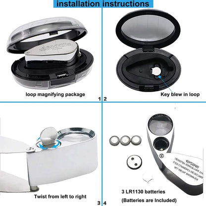 40X Jewelers Loupe Magnifier with LED and UV Light – Metal Folding Magnifying Glass for Coins, Jewelry, and Stamps