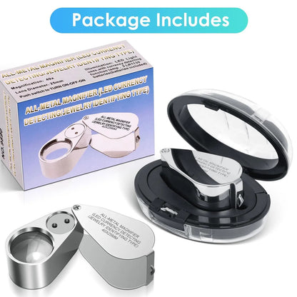 40X Jewelers Loupe Magnifier with LED and UV Light – Metal Folding Magnifying Glass for Coins, Jewelry, and Stamps