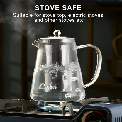 Glass Teapot with Stainless Steel Infuser – Heat-Resistant Borosilicate Tea Kettle for Loose Leaf and Flower Tea