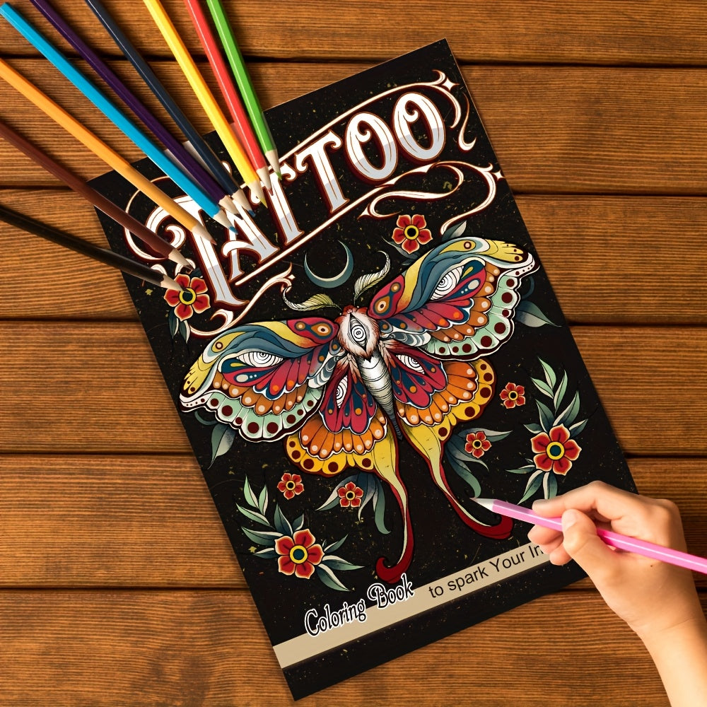 Mindfulness Colouring Book for Adults, Colourful Tattoo Designs, Premium Paper, Perfect Gift for Birthdays, Christmas