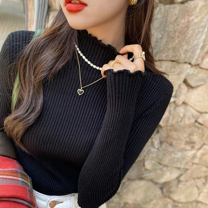 Autumn Winter Women Long Sleeve Solid Pullover Sweater Knitted Ruffle Top
