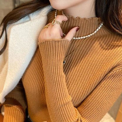 Autumn Winter Women Long Sleeve Solid Pullover Sweater Knitted Ruffle Top