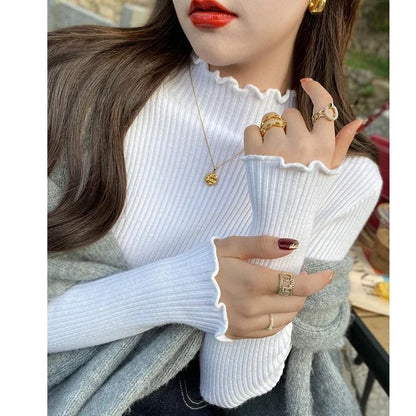 Autumn Winter Women Long Sleeve Solid Pullover Sweater Knitted Ruffle Top