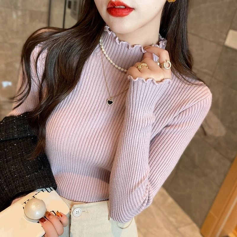 Autumn Winter Women Long Sleeve Solid Pullover Sweater Knitted Ruffle Top