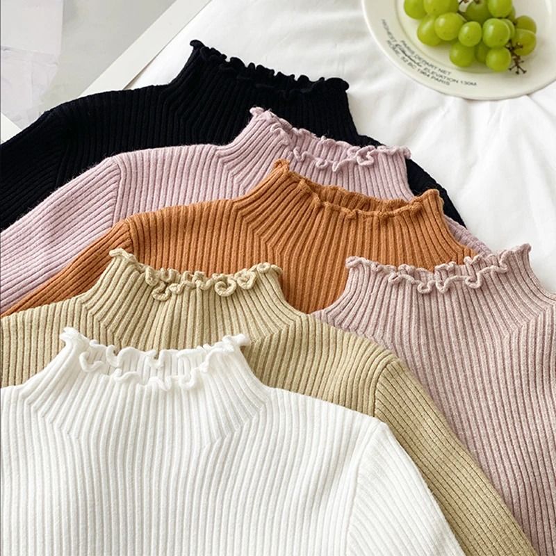 Autumn Winter Women Long Sleeve Solid Pullover Sweater Knitted Ruffle Top