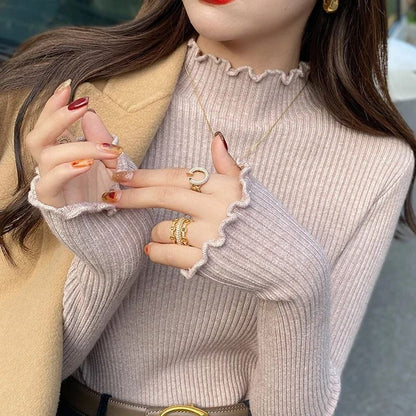 Autumn Winter Women Long Sleeve Solid Pullover Sweater Knitted Ruffle Top