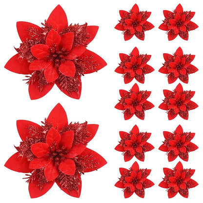 Pink Red Gold Glitter Artificial Flowers, Christmas Tree Ornaments, Xmas Home Decoration