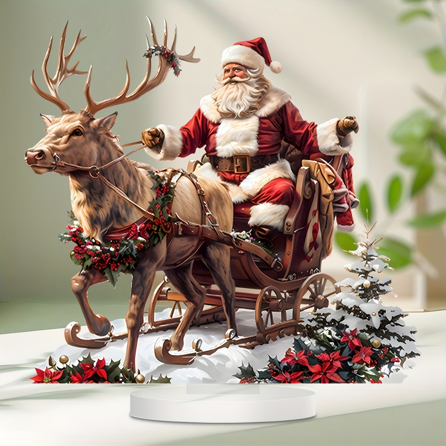 Acrylic Santa Claus Reindeer Sled Decoration, Tabletop Christmas Ornament with Base, Xmas Navidad Party Decor